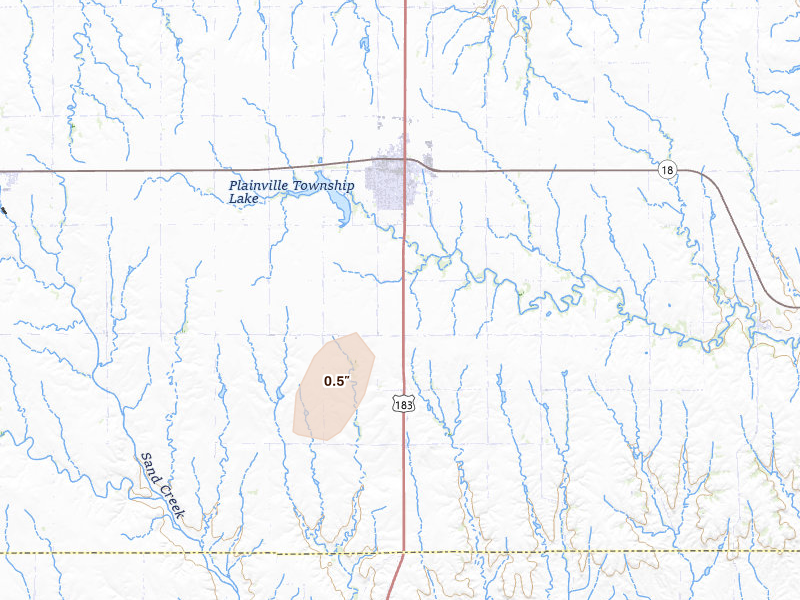Radar-estimated hail-size map of the storm over Plainville, KS on Aug 15, 2026