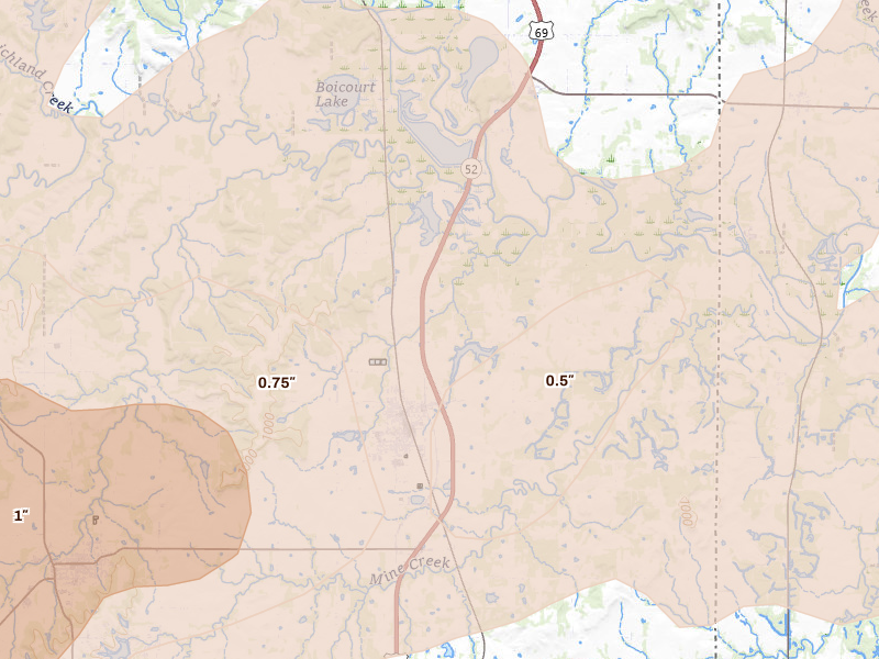 Radar-estimated hail-size map of the storm over Pleasanton, KS on Apr 26, 2026
