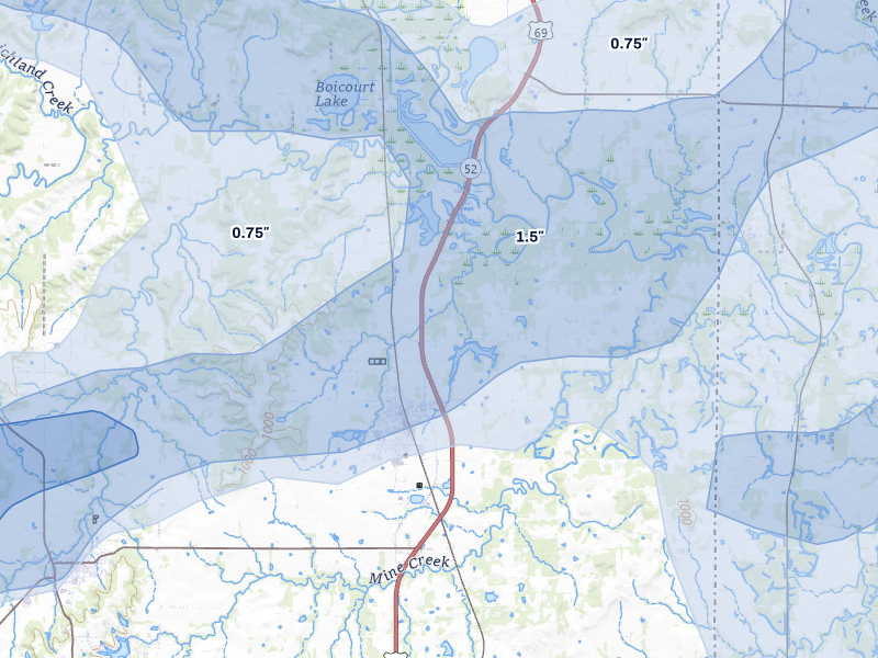 NEXRAD radar-signature map of the hail storm over Pleasanton, KS on Apr 26, 2026