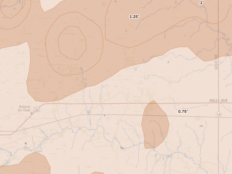 Radar-estimated hail-size map of the storm over Plevna, KS on May 18, 2026