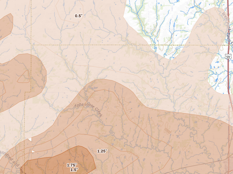 Radar-estimated hail-size map of the storm over Pomona, KS on Apr 13, 2026