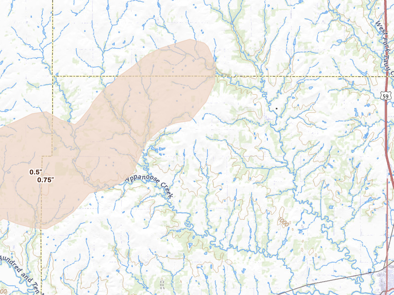 Radar-estimated hail-size map of the storm over Pomona, KS on Apr 23, 2026
