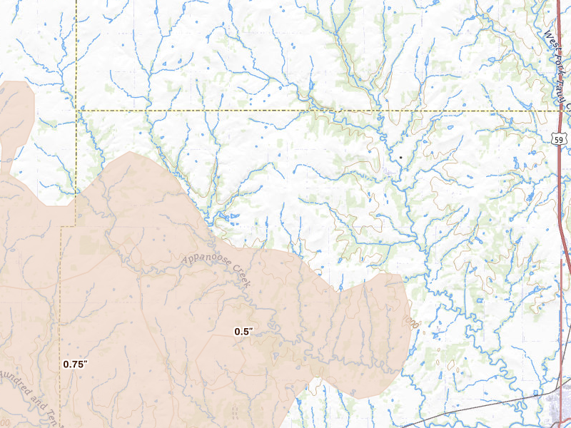 Radar-estimated hail-size map of the storm over Pomona, KS on Apr 26, 2026