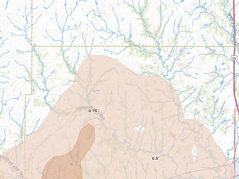 Radar-estimated hail-size map of the storm over Pomona, KS on May 30, 2026