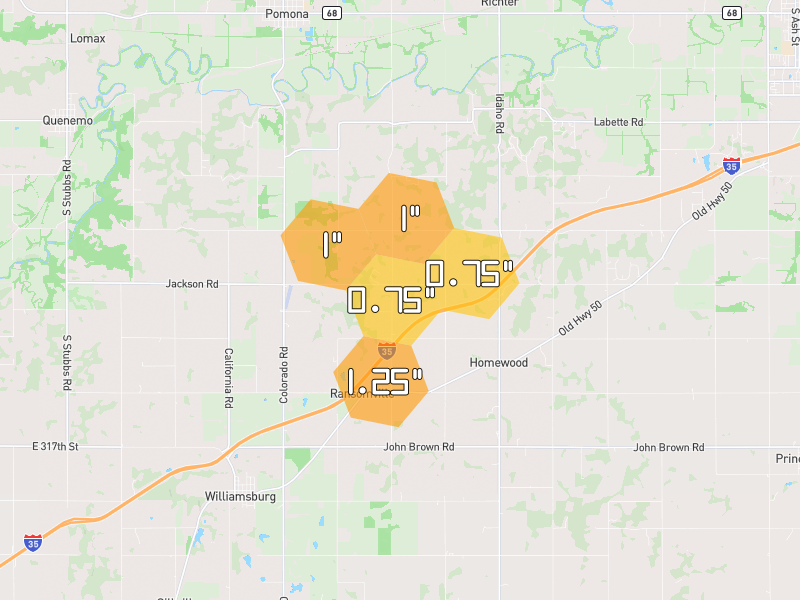 Hail map of Pomona, KS on Jul 4, 2026, hail up to 1.25"
