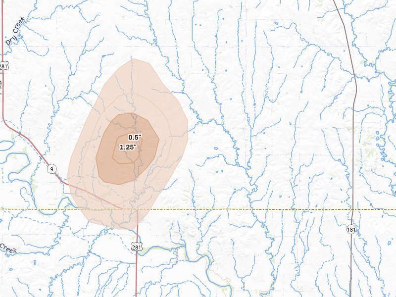 Radar-estimated hail-size map of the storm over Portis, KS on Jun 3, 2026