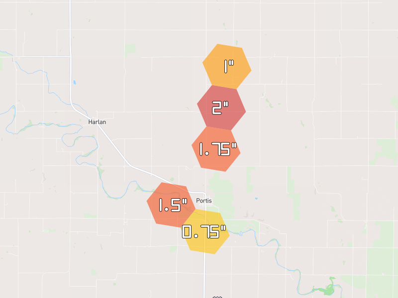 Hail map of Portis, KS on Jun 3, 2026, hail up to 2"