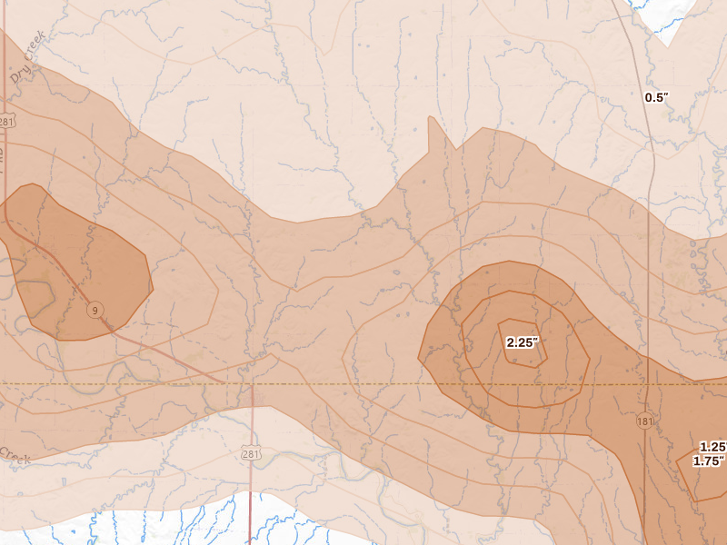 Radar-estimated hail-size map of the storm over Portis, KS on Jun 8, 2026