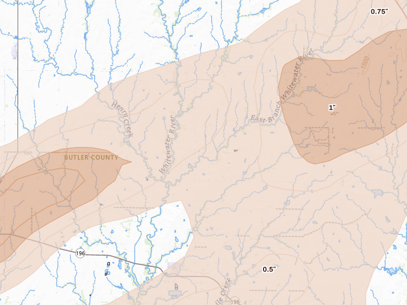 Radar-estimated hail-size map of the storm over Potwin, KS on Apr 17, 2026