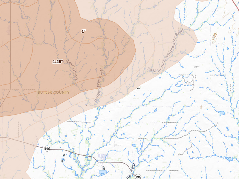 Radar-estimated hail-size map of the storm over Potwin, KS on Apr 23, 2026