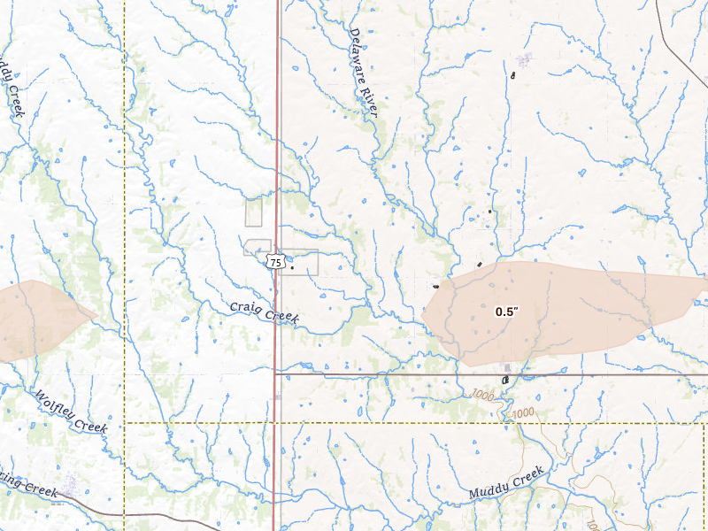 Radar-estimated hail-size map of the storm over Powhattan, KS on Mar 31, 2026
