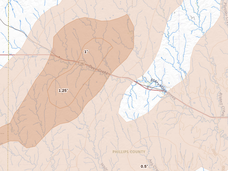 Radar-estimated hail-size map of the storm over Prairie View, KS on Jun 9, 2026