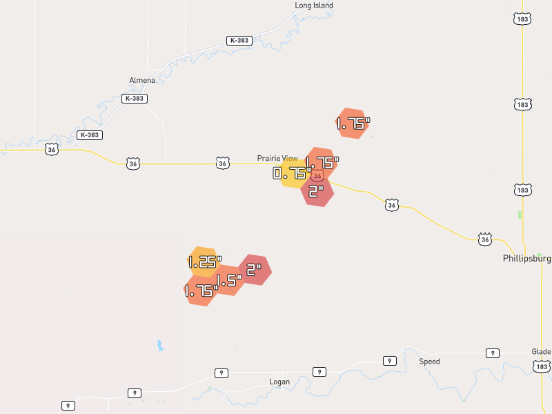 Hail map of Prairie View, KS on Jun 9, 2026, hail up to 2"