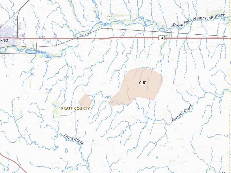 Radar-estimated hail-size map of the storm over Pratt, KS on Jan 10, 2026