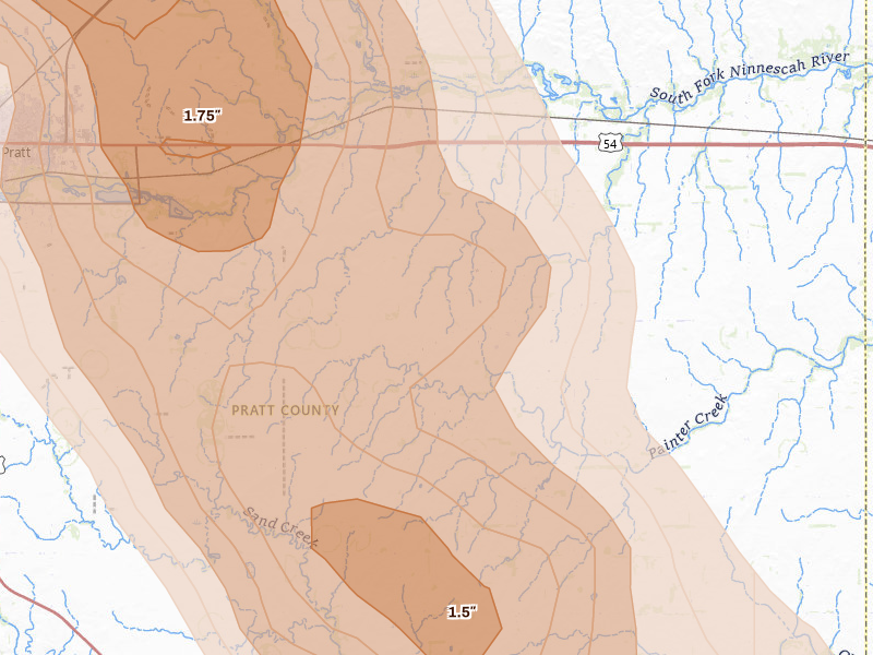Radar-estimated hail-size map of the storm over Pratt, KS on Apr 25, 2026
