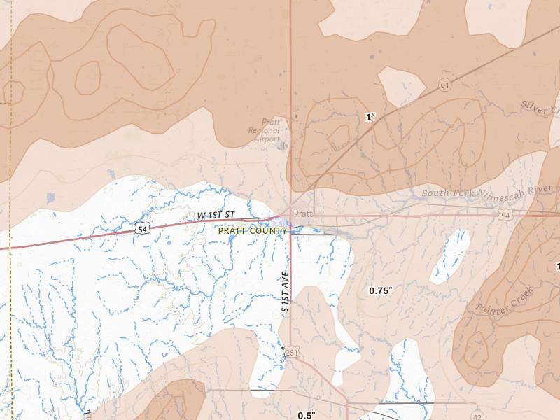 Radar-estimated hail-size map of the storm over Pratt, KS on May 18, 2026