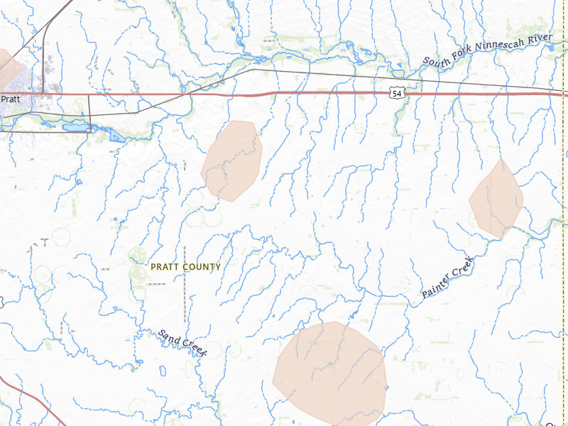 Radar-estimated hail-size map of the storm over Pratt, KS on Jun 1, 2026