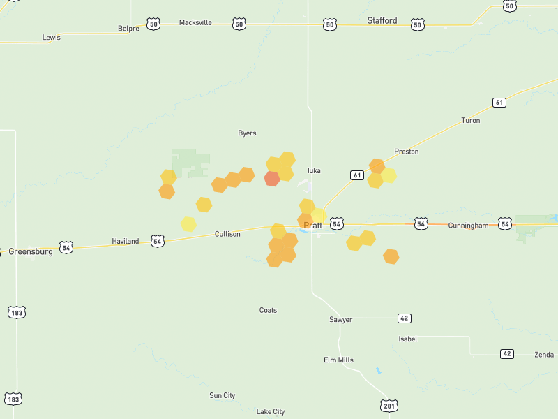Hail map of Pratt, KS on Jun 2, 2026, hail up to 1.5"