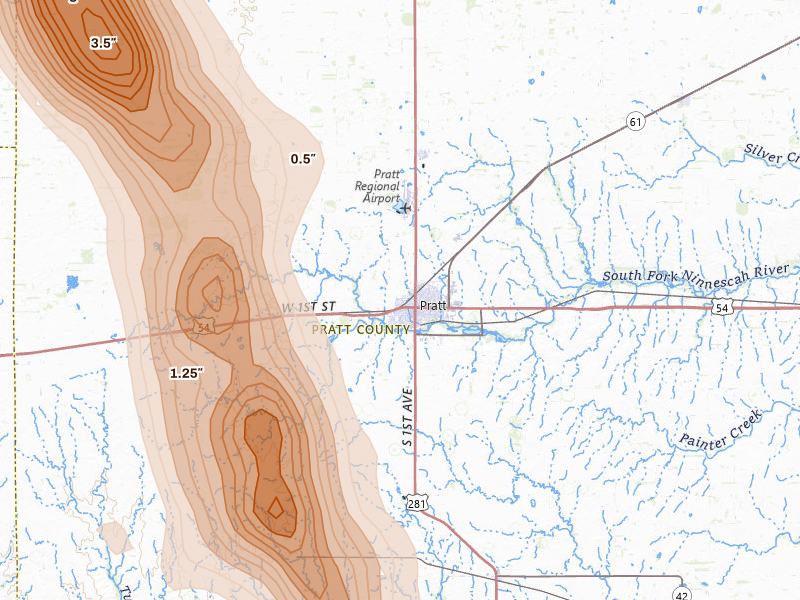 Radar-estimated hail-size map of the storm over Pratt, KS on Jun 16, 2026