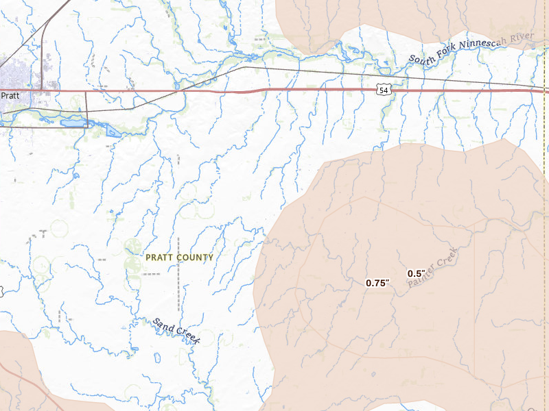 Radar-estimated hail-size map of the storm over Pratt, KS on Jun 20, 2026