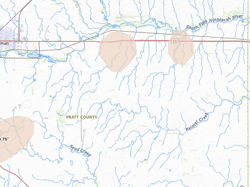 Radar-estimated hail-size map of the storm over Pratt, KS on Jun 26, 2026