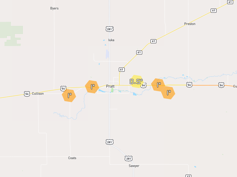 Hail map of Pratt, KS on Jun 27, 2026, hail up to 1.25"