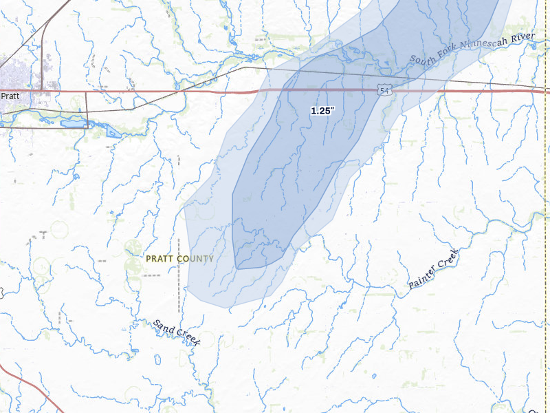 NEXRAD radar-signature map of the hail storm over Pratt, KS on Aug 14, 2026