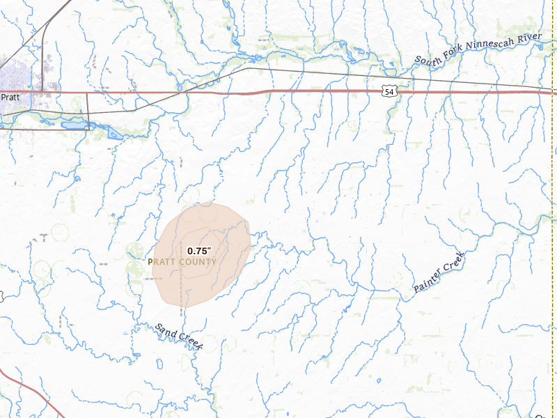 Radar-estimated hail-size map of the storm over Pratt, KS on Aug 15, 2026