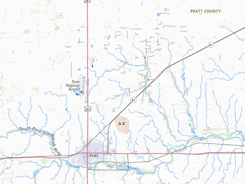 Radar-estimated hail-size map of the storm over Pratt, KS on Aug 17, 2026