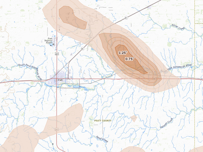 Radar-estimated hail-size map of the storm over Pratt, KS on Sep 12, 2026