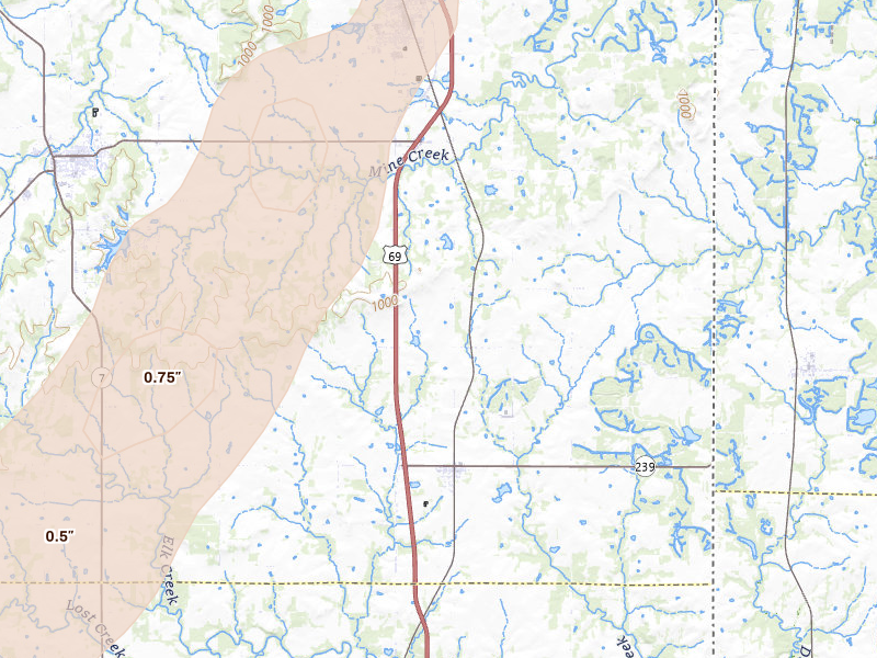 Radar-estimated hail-size map of the storm over Prescott, KS on Apr 15, 2026