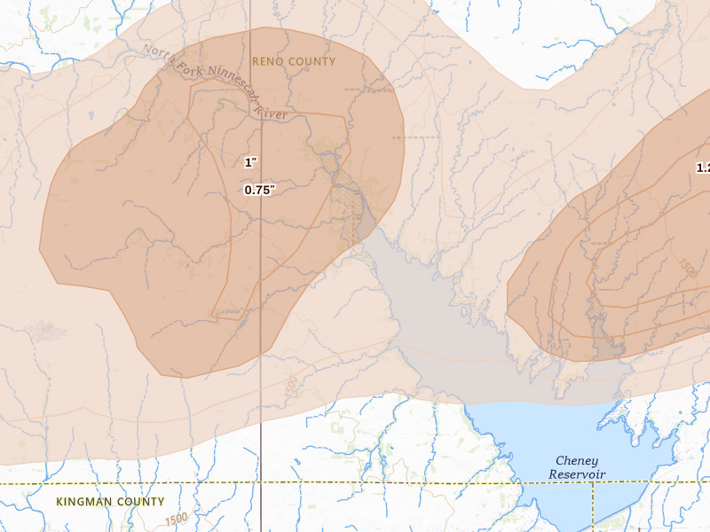 Radar-estimated hail-size map of the storm over Pretty Prairie, KS on Apr 11, 2026