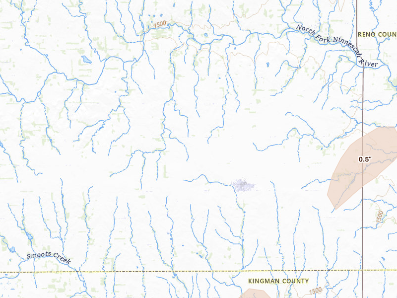 Radar-estimated hail-size map of the storm over Pretty Prairie, KS on Apr 26, 2026