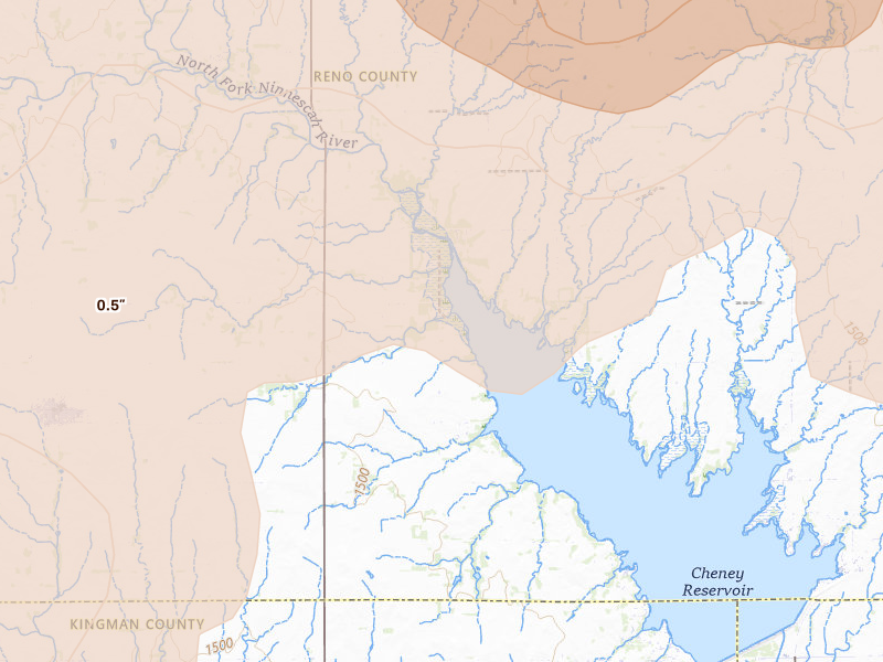 Radar-estimated hail-size map of the storm over Pretty Prairie, KS on May 18, 2026