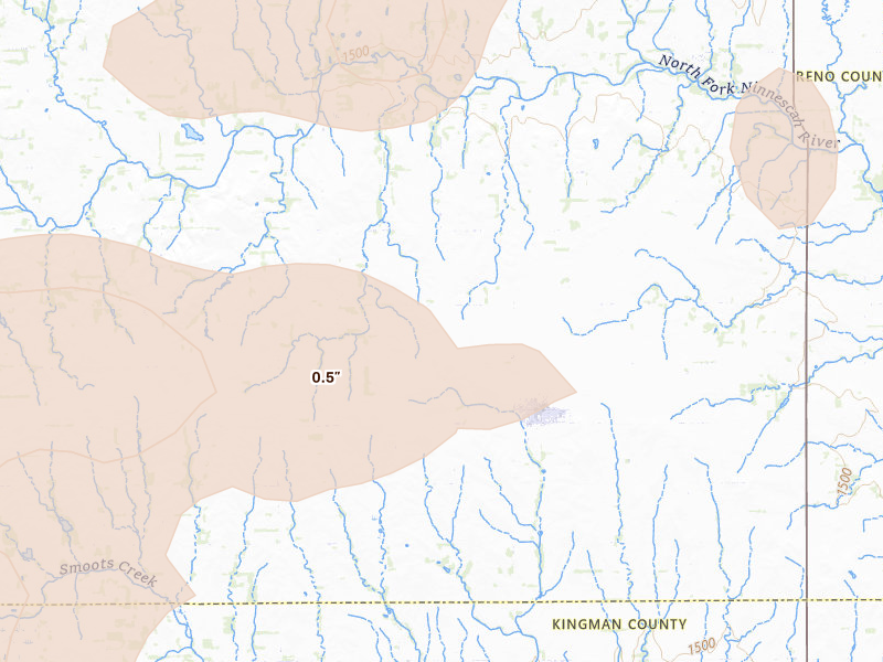 Radar-estimated hail-size map of the storm over Pretty Prairie, KS on Jun 20, 2026