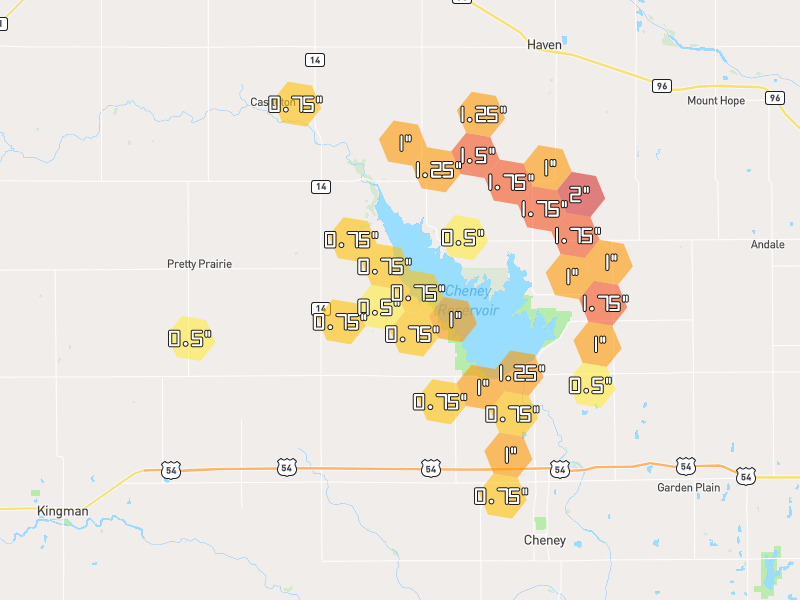 Hail map of Pretty Prairie, KS on Jun 26, 2026, hail up to 2"