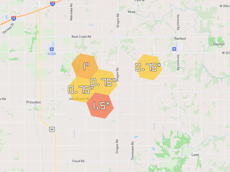 Hail map of Princeton, KS on Jun 9, 2026, hail up to 1.5"