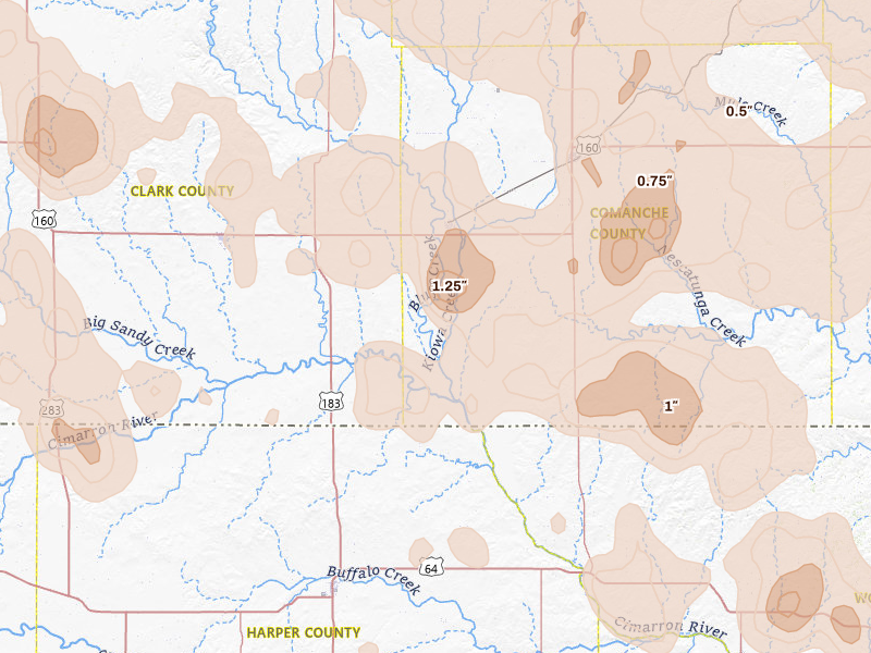 Radar-estimated hail-size map of the storm over Protection, KS on Jun 1, 2026