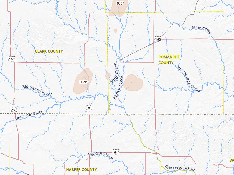 Radar-estimated hail-size map of the storm over Protection, KS on Jun 9, 2026
