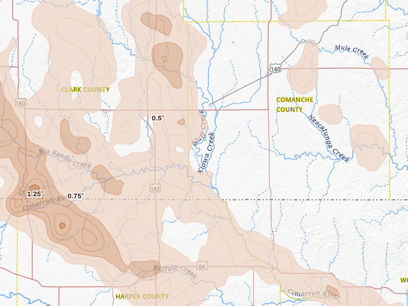 Radar-estimated hail-size map of the storm over Protection, KS