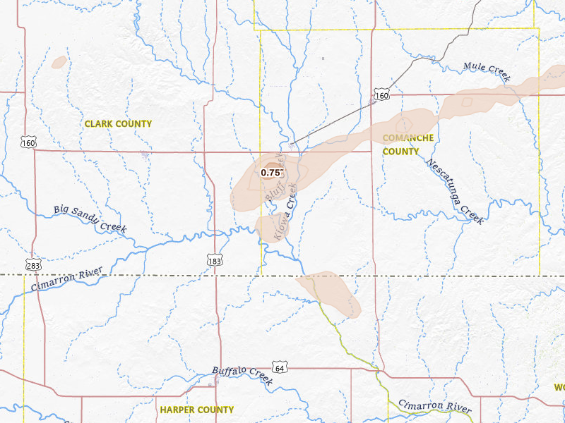 Radar-estimated hail-size map of the storm over Protection, KS on Jul 9, 2026
