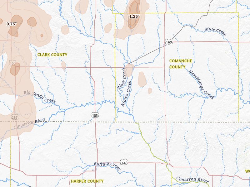 Radar-estimated hail-size map of the storm over Protection, KS on Jul 23, 2026