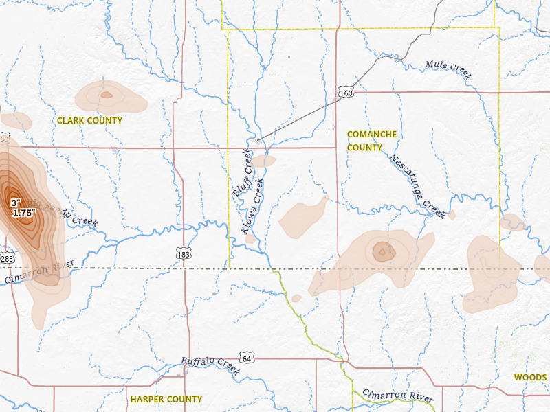 Radar-estimated hail-size map of the storm over Protection, KS on Aug 6, 2026