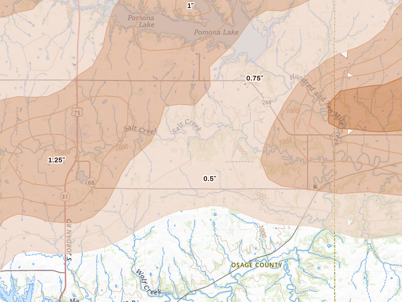 Radar-estimated hail-size map of the storm over Quenemo, KS on Apr 13, 2026
