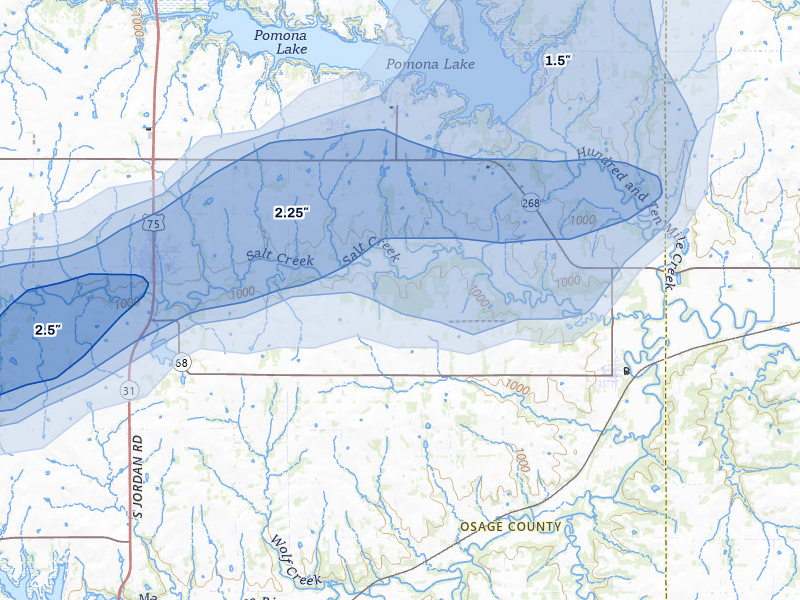 NEXRAD radar-signature map of the hail over Quenemo, KS