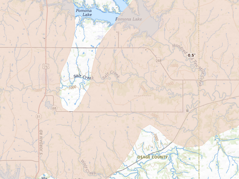 Radar-estimated hail-size map of the storm over Quenemo, KS on Apr 26, 2026