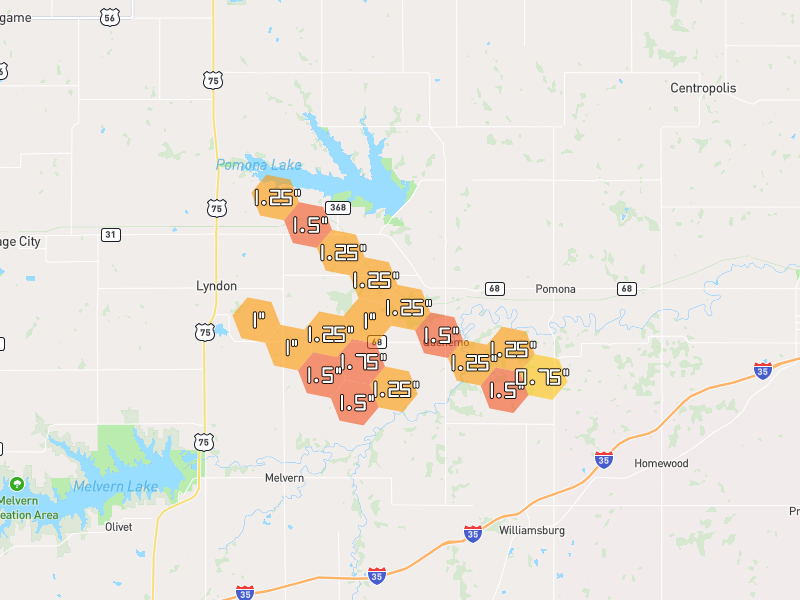 Hail map of Quenemo, KS on Jul 4, 2026, hail up to 1.75"