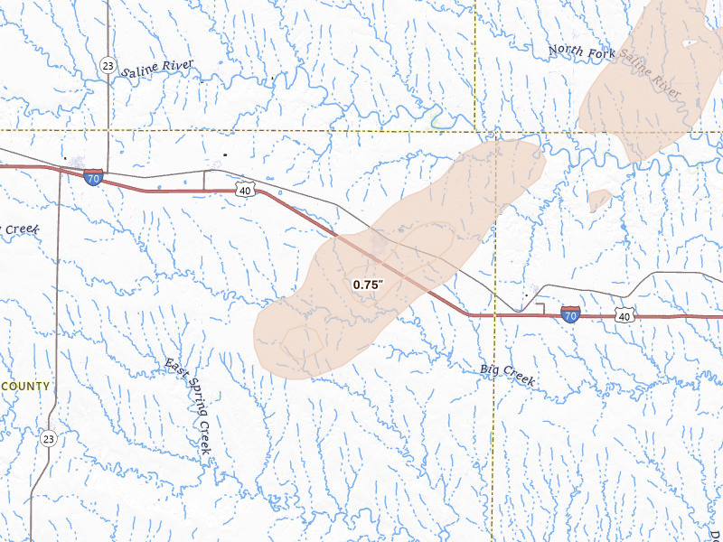 Radar-estimated hail-size map of the storm over Quinter, KS on Apr 26, 2026