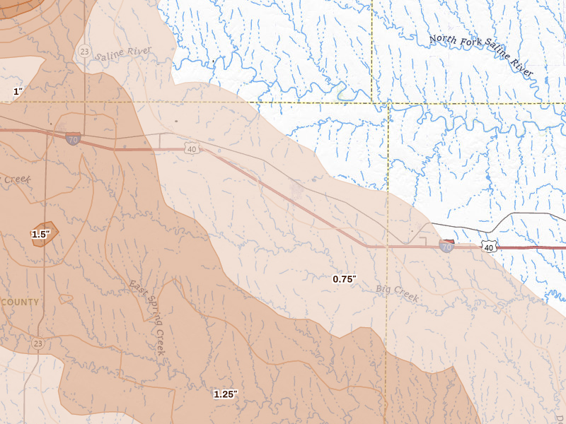 Radar-estimated hail-size map of the storm over Quinter, KS on Jun 20, 2026
