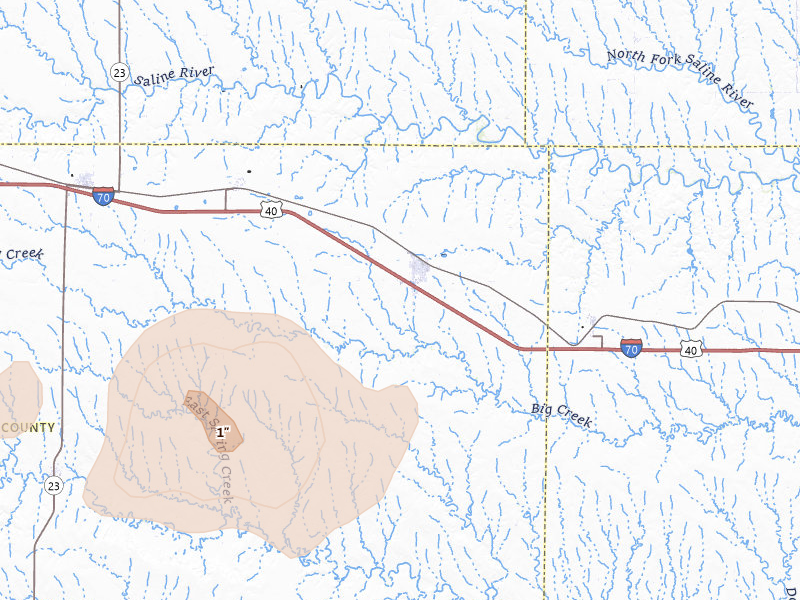 Radar-estimated hail-size map of the storm over Quinter, KS on Jun 24, 2026
